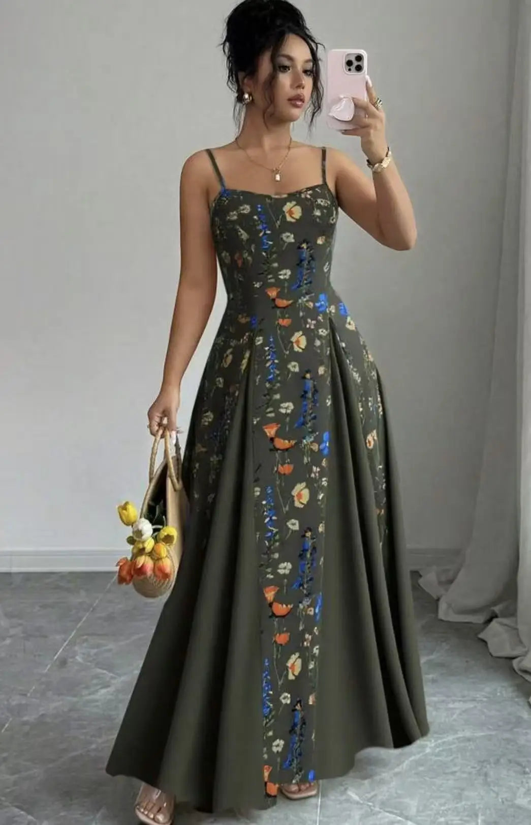 Amelia Fließendes Blumenmuster A-Linie Maxi Kleid
