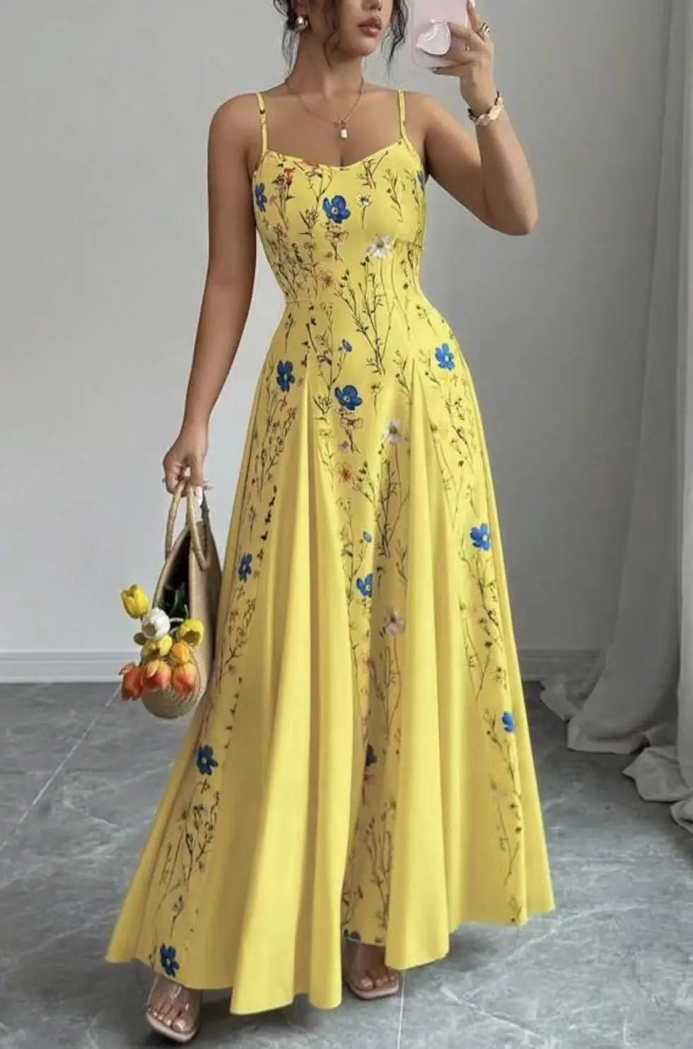 Amelia Fließendes Blumenmuster A-Linie Maxi Kleid