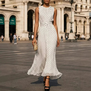 Camilla Punktedruck Ärmelloses Maxi-Kleid" can be rewritten as "Camilla Polka Dot Sleeveless Maxi Dress.