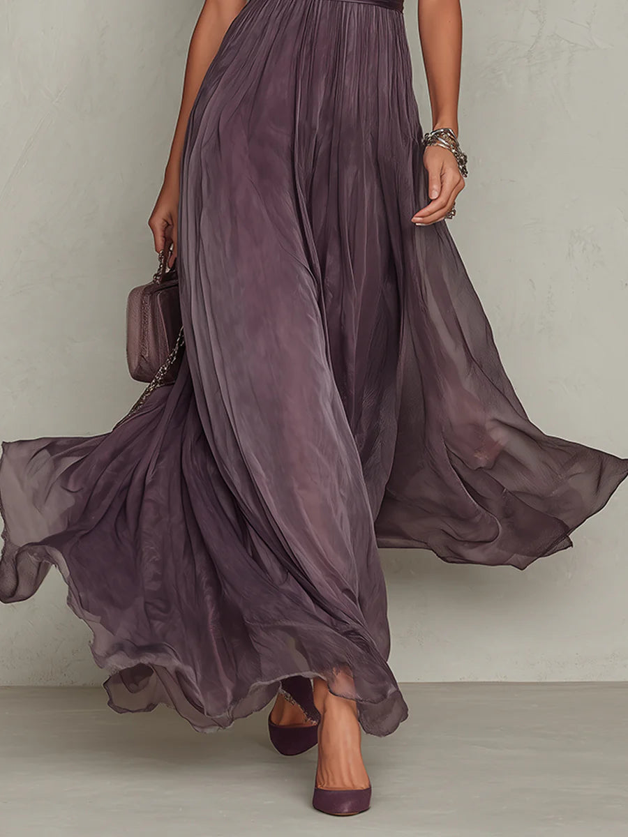 Flavia | Elegantes Langes Kleid Violett Mit Tropfen-Ausschnitt Spitze