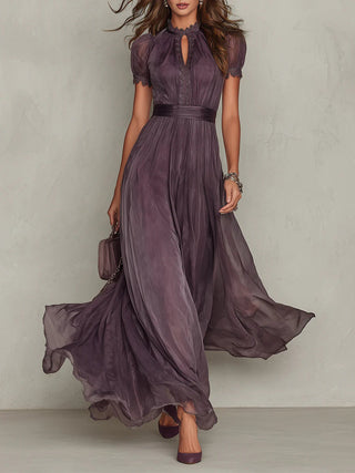 Flavia | Elegantes Langes Kleid Violett Mit Tropfen-Ausschnitt Spitze