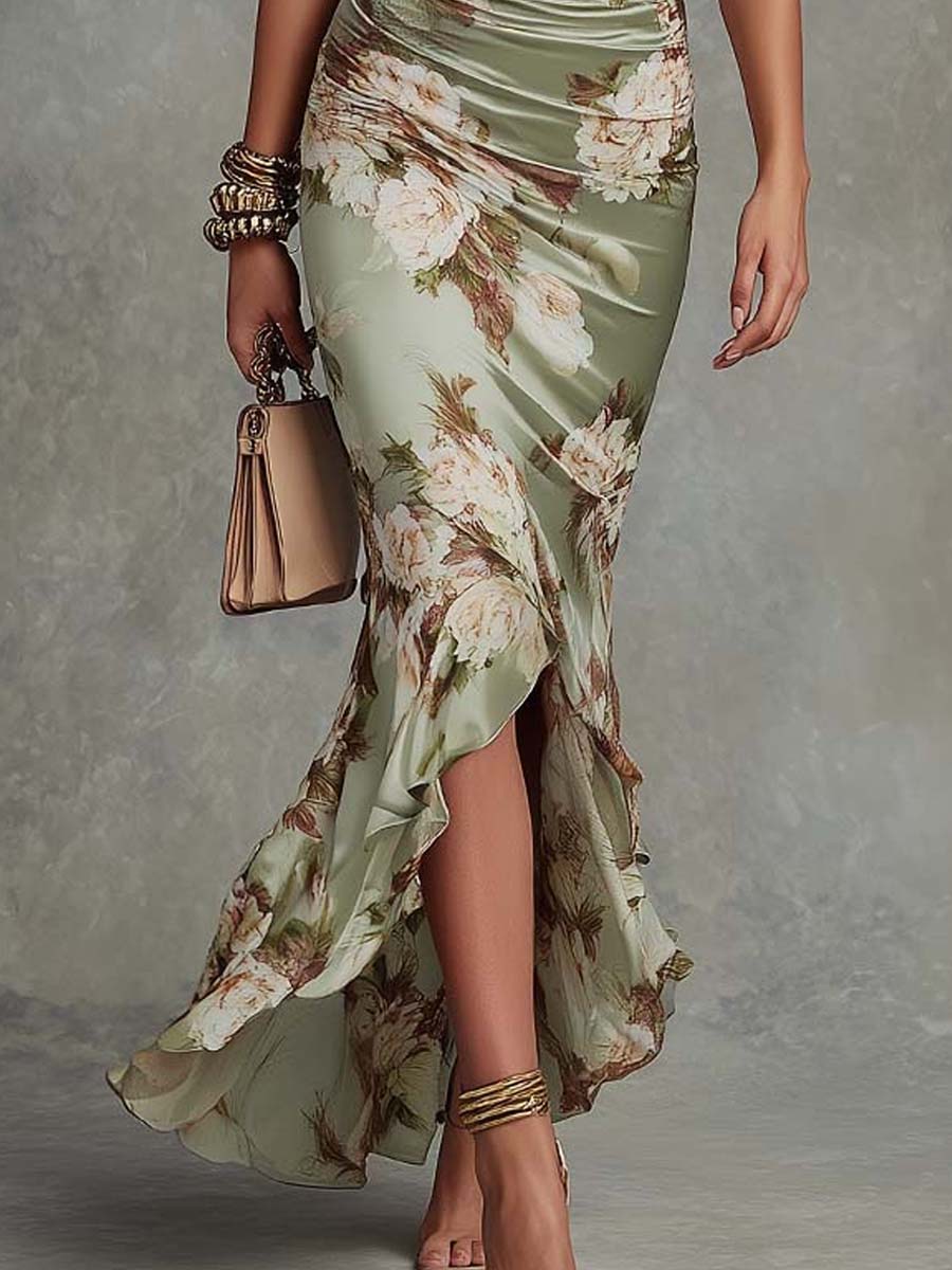 Adelaide | Langes Kleid aus Satin mit Blumenmuster
