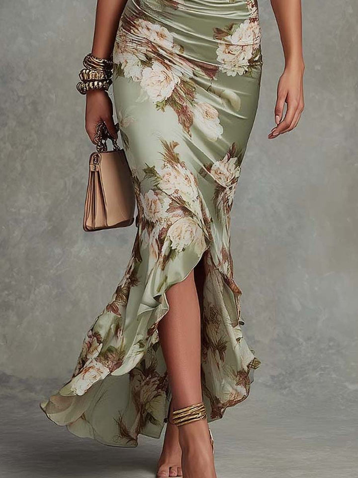 Adelaide | Langes Kleid aus Satin mit Blumenmuster