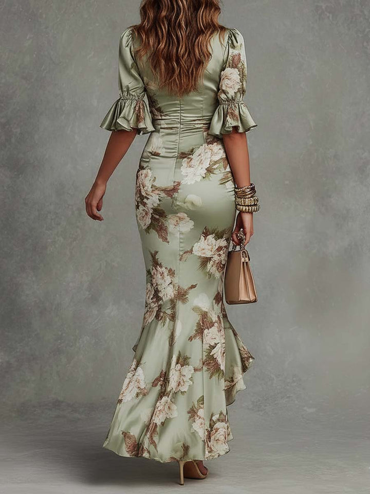Adelaide | Langes Kleid aus Satin mit Blumenmuster
