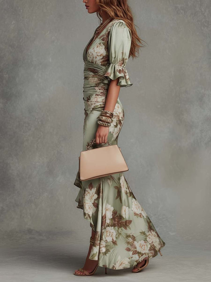 Adelaide | Langes Kleid aus Satin mit Blumenmuster
